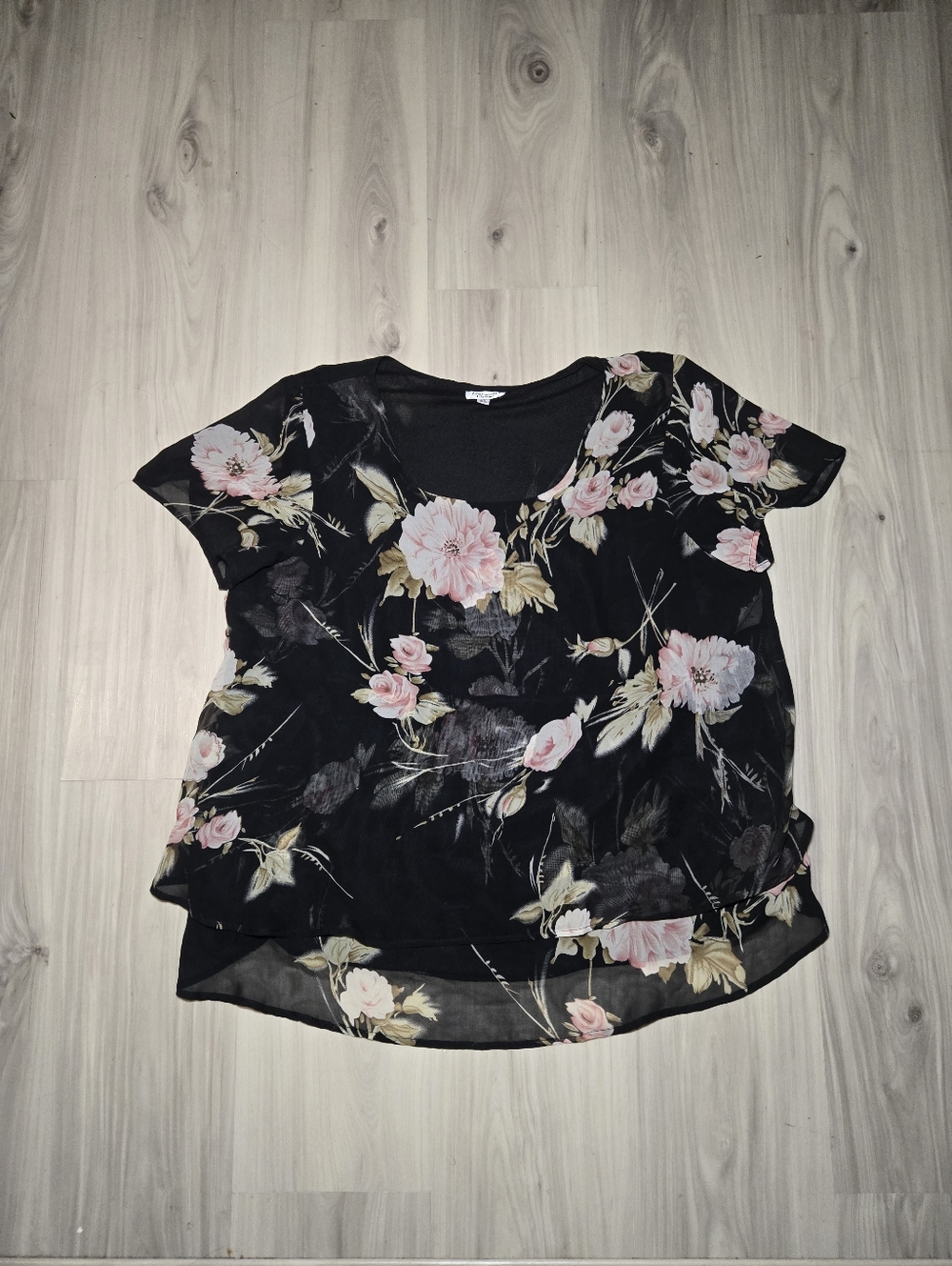 VTG Naturally Petite Floral Layered Blouse XL Black Pink Romantic Whimsigoth Top